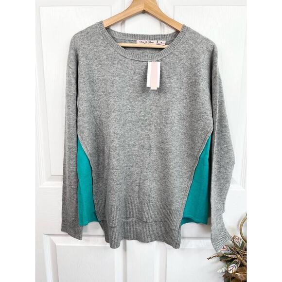 Olivia & Grace 100% Cashmere Sweater Size M Grey Turquoise Crewneck Soft Knit - Picture 11 of 13